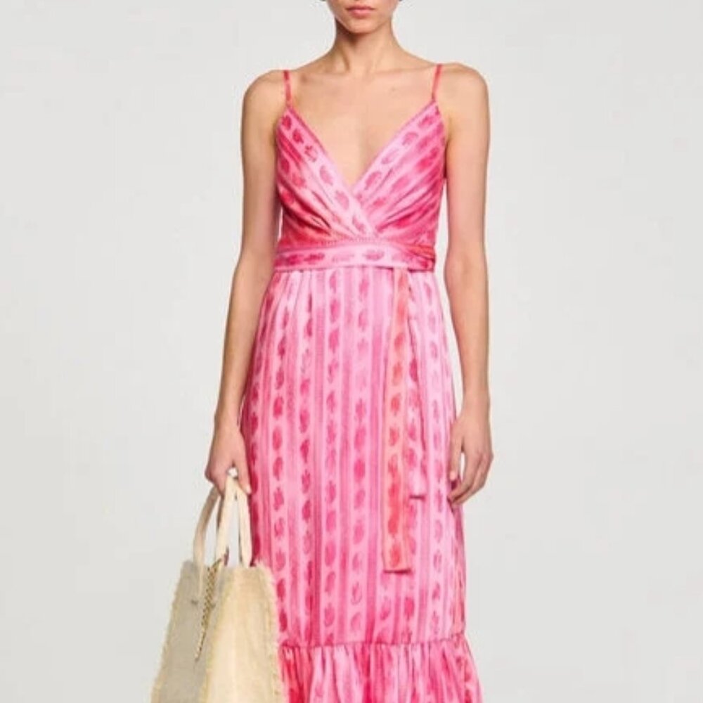 NWOT SANDRO PARIS Taje Paisley Midi Wrap Dress with Tie Belt in Pink $370